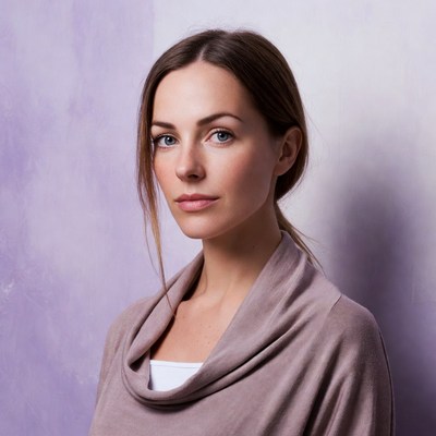 Woman with brown hair against purple wall
