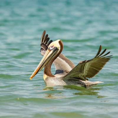Brown pelican swimming in green water
