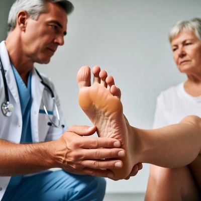 Doctor examining elderly woman's foot