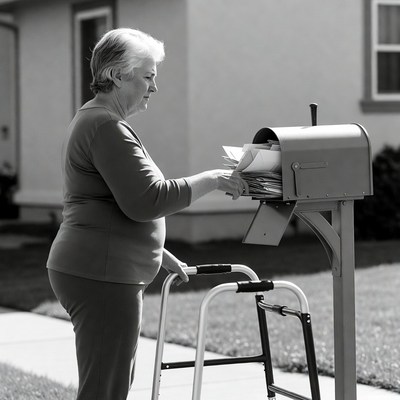 Elderly woman checking mailbox with walker