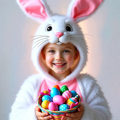 Girl in bunny costume holding Easter eggs