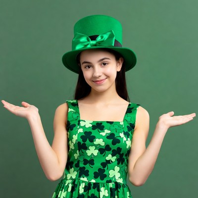 Girl in green shamrock dress and top hat
