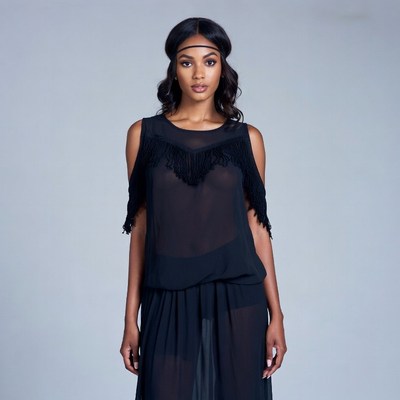 African-American woman in sheer black dress