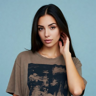 Woman touching hair on blue background