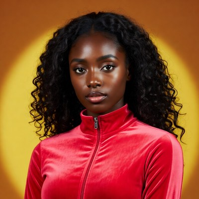 African-American woman in red velour jacket