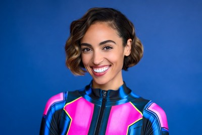 Smiling woman in neon bodysuit