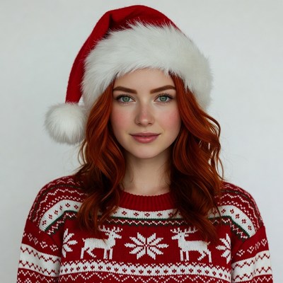 Redhead woman in Santa hat and reindeer sweater