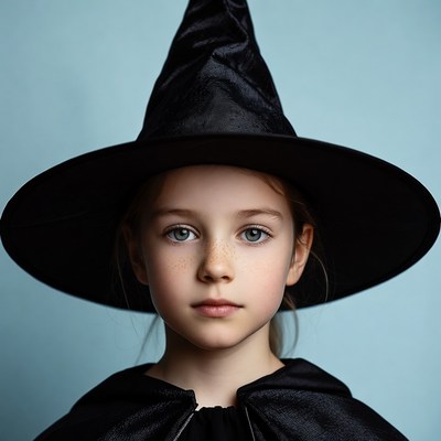 Girl wearing witch hat and cape