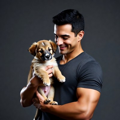 Muscular man holding cute puppy