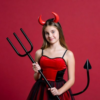 Girl in devil costume with pitchfork