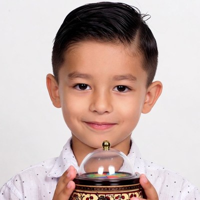 Asian boy holding music box