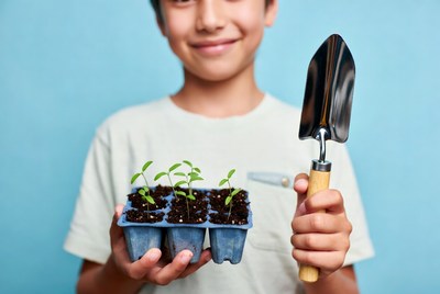 Asian boy holding seedlings and trowel