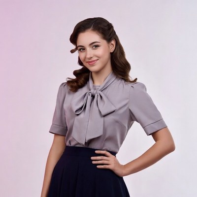 Woman in vintage bow blouse smiling