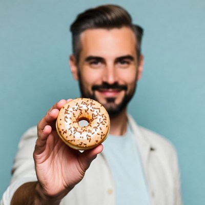 Man holding sprinkled donut