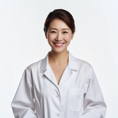 Asian woman in white lab coat
