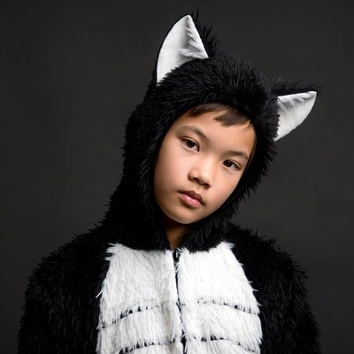 Asian boy in black cat costume