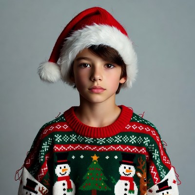 Boy in Santa hat and Christmas sweater