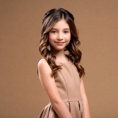 Girl in beige dress smiling