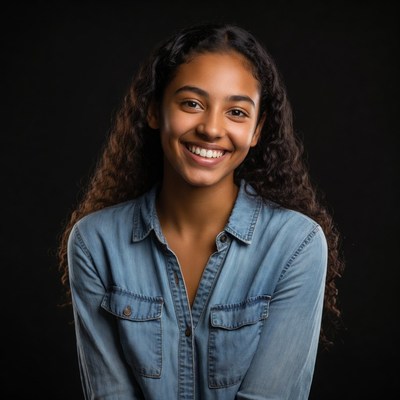 Smiling biracial girl in denim shirt