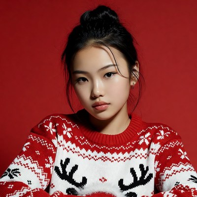 Asian woman in red reindeer Christmas sweater