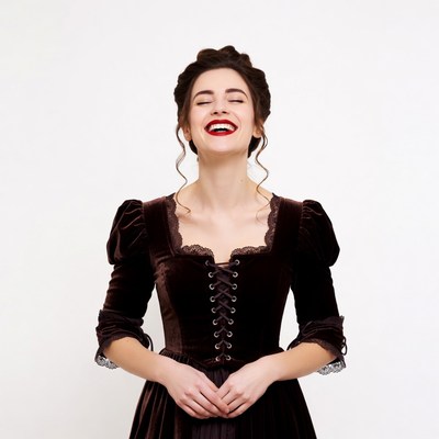 Woman smiling in maroon velvet dress