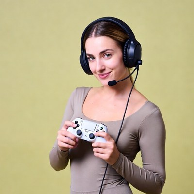 Woman gaming with headset and controller