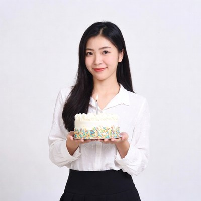Asian woman holding birthday cake