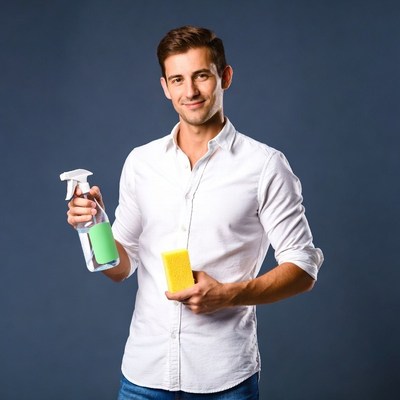Man holding spray bottle and sponge