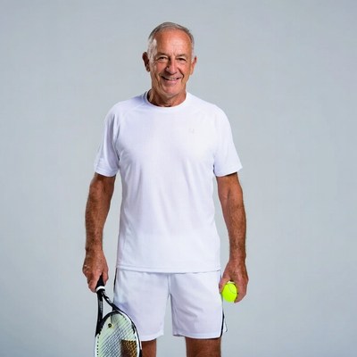 Senior man holding tennis racket and ball