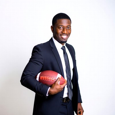 African-American man in suit holding football