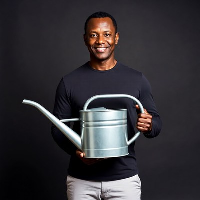 African-American man holding watering can