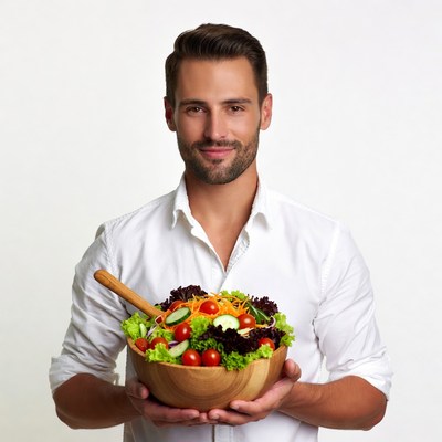 Man holding fresh salad bowl