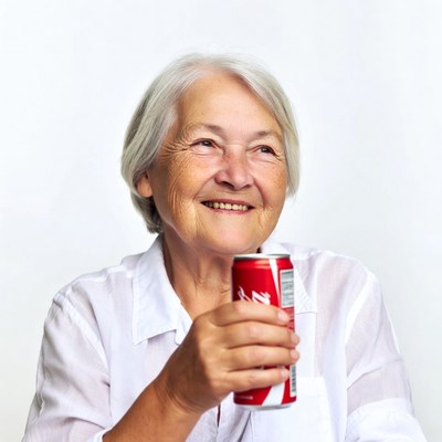 Elderly woman holding Coke can