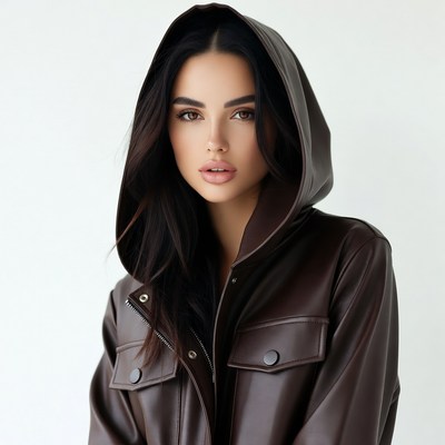 Woman in brown leather hoodie