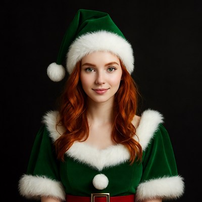 Redhead woman in green Santa hat
