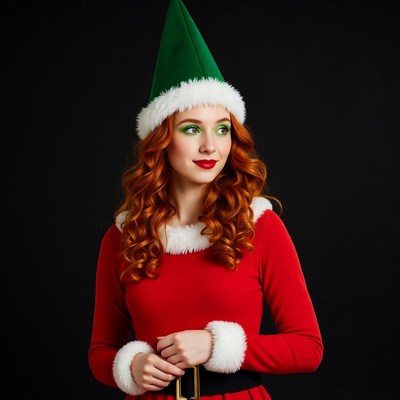 Redhead woman in elf Santa costume