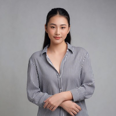 Asian woman in striped shirt arms crossed