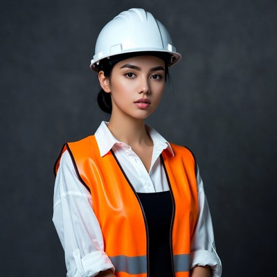 Asian woman wearing hard hat and vest
