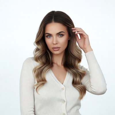 Woman with balayage hair touching face