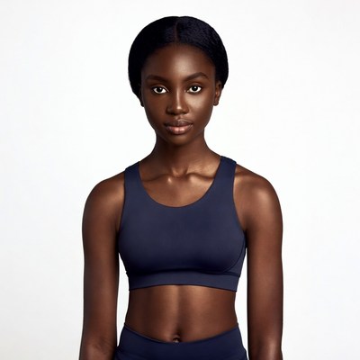African-American woman in navy sports bra