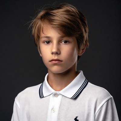 Young boy in white polo shirt