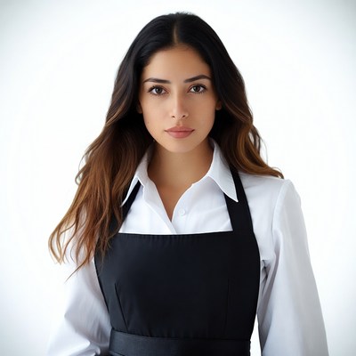 Woman in white shirt and black apron