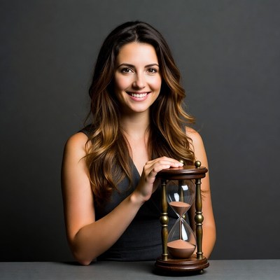 Smiling woman holding hourglass