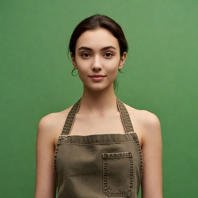 Asian woman in green apron