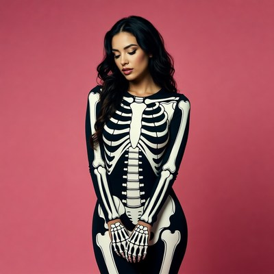 Woman in black skeleton bodysuit