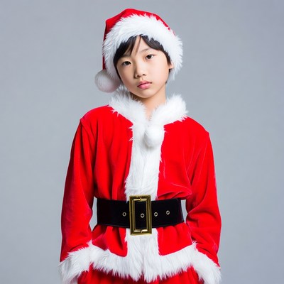 Asian boy in Santa costume