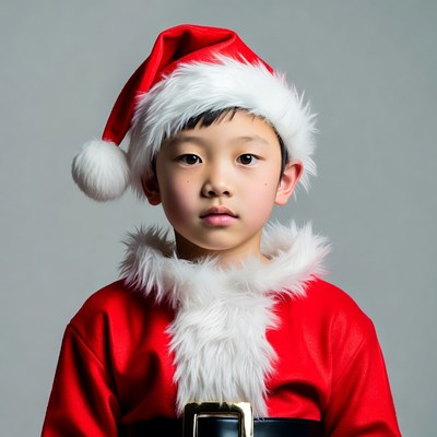 Asian boy in Santa Claus costume