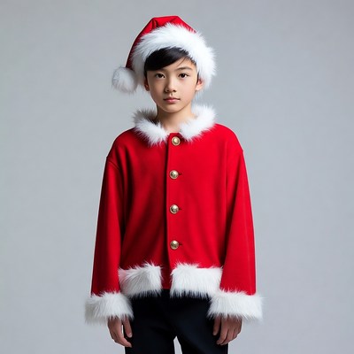 Asian boy in Santa hat and jacket