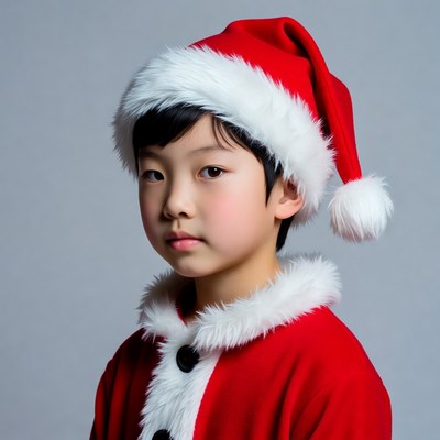 Asian boy in Santa Claus costume