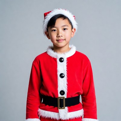 Asian boy in Santa hat and suit